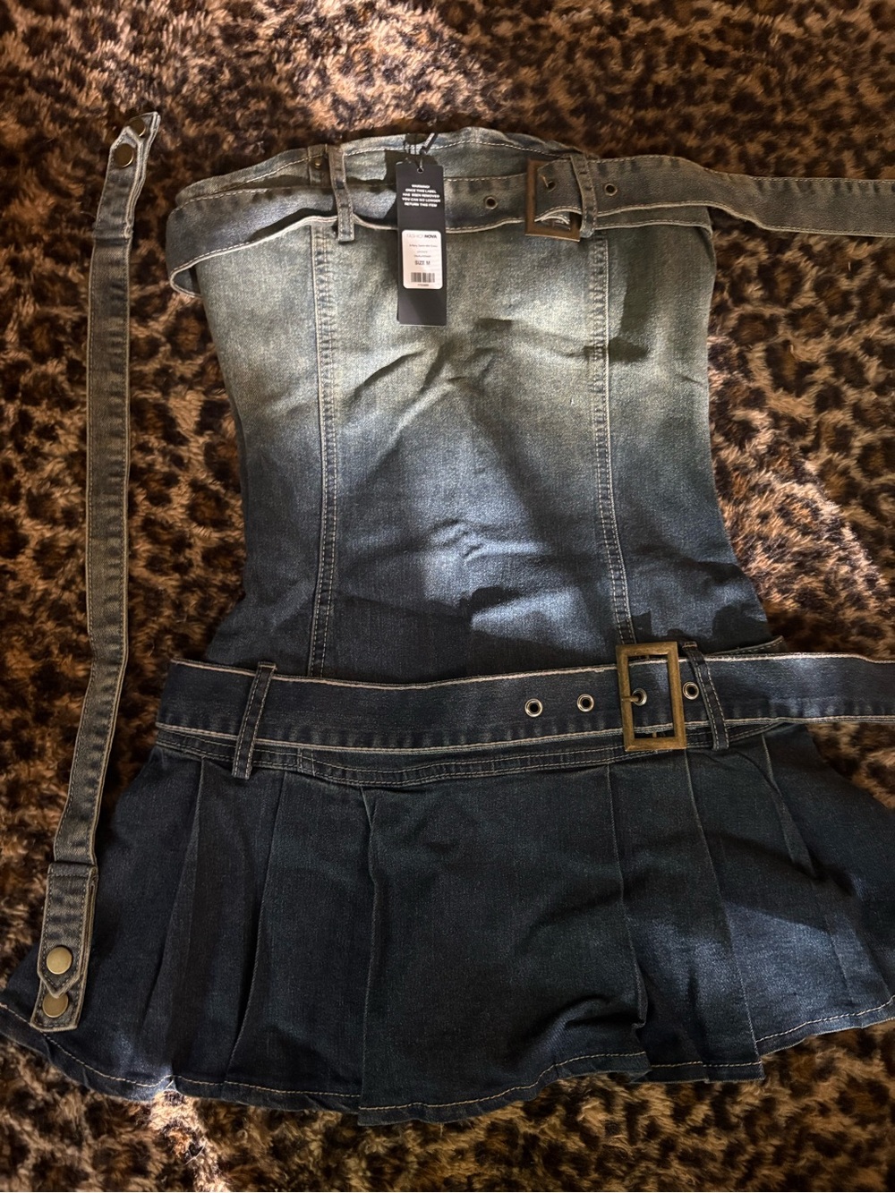 Fashion Nova Dark Blue Strapless Denim Mini Dress with Belt